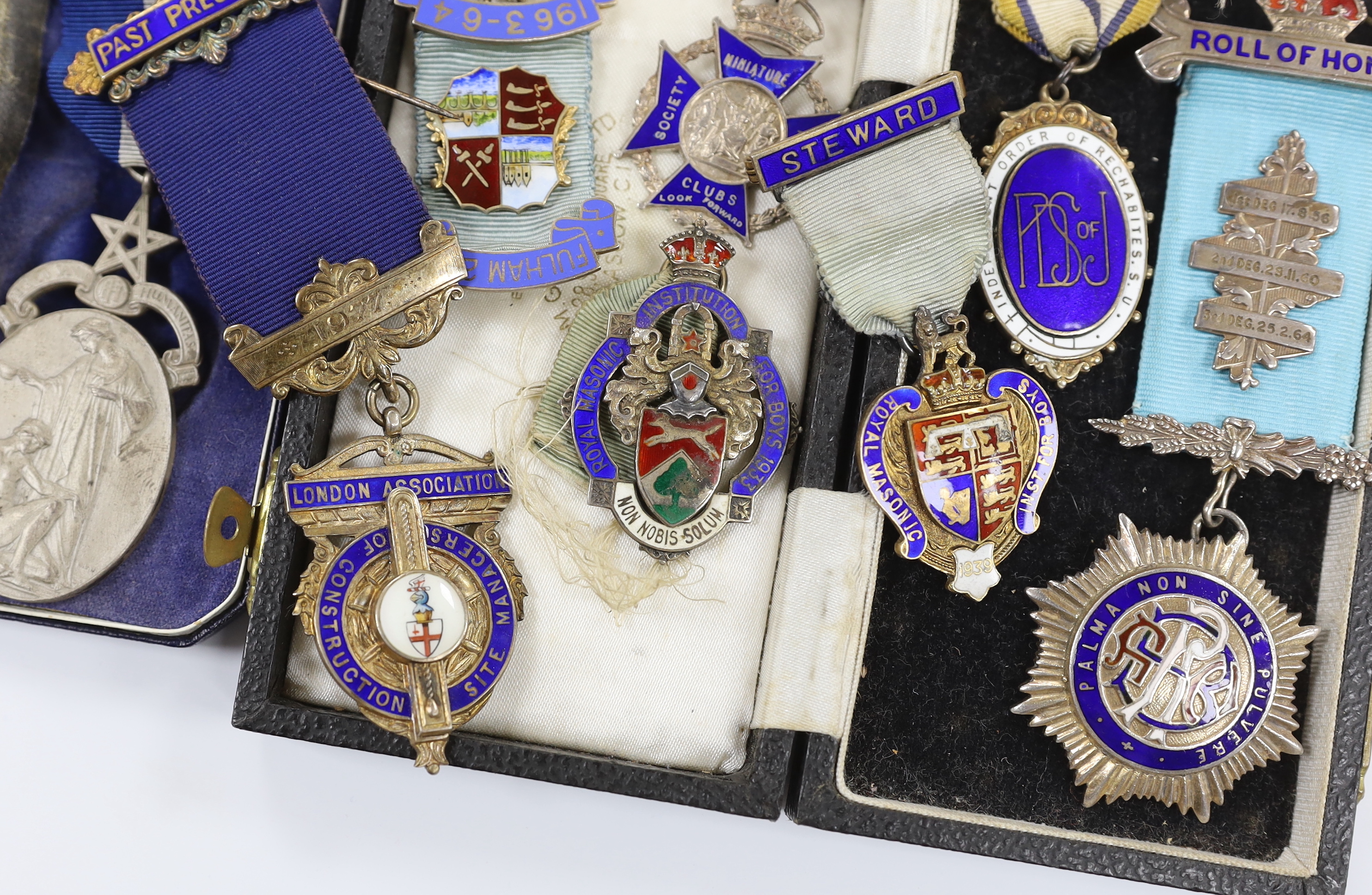 Eight silver and enamel Masonic medals 1930s-1970s, all with silver hallmarks, including; a past president medal, a Fulham lodge medal, a Rifle club medal, a Steward’s medal, an Independent Order of Rechabites S.U., etc.